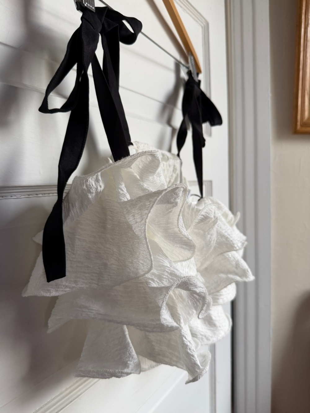 NEW Zara White Ruffled Crop Top with Tie Black Bows Elastic Stretch NWT Medium - Picture 5 of 7
